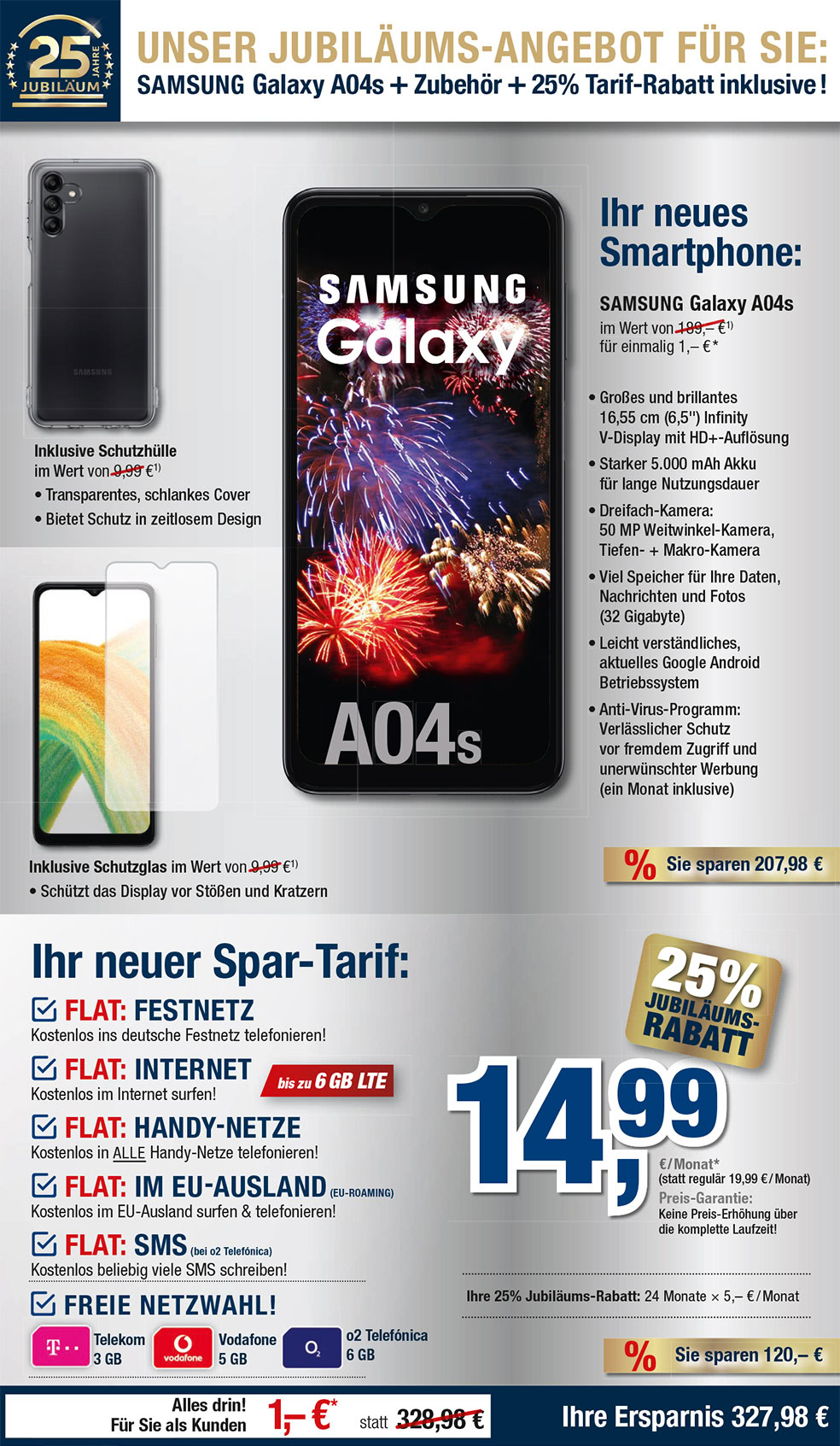 Für nur 1 €*: Samsung Galaxy A04s + Zubehör + Handyvertrag mit ALL NET FLAT für 14,99 €/Monat